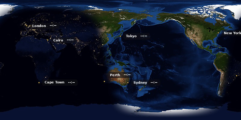 Pacific-centred view with city lights over Australia and Southeast Asia
